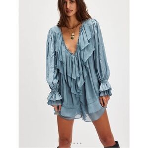 Free People Prairie Dust Romper Small Blue Boho Ruffle Long Sleeve NWT
